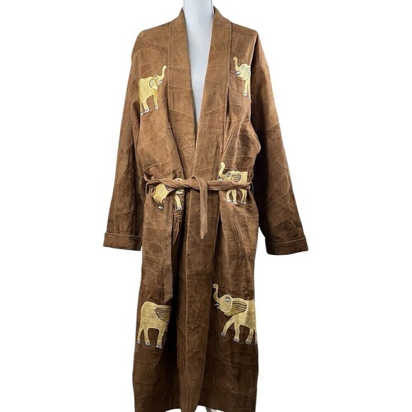 The African Star Long Suede Leather Coat Belted Embroidered Elephants XL Vintage - Picture 1 of 16